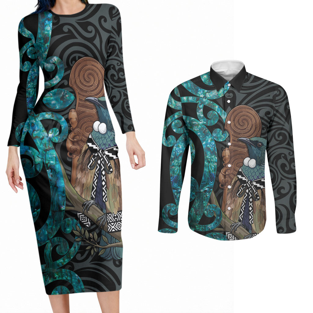 New Zealand Tui Bird Wahaika Couples Matching Long Sleeve Bodycon Dress and Long Sleeve Button Shirt Maori Weapon Paua Shell Koru Pattern