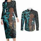New Zealand Tui Bird Wahaika Couples Matching Long Sleeve Bodycon Dress and Long Sleeve Button Shirt Maori Weapon Paua Shell Koru Pattern