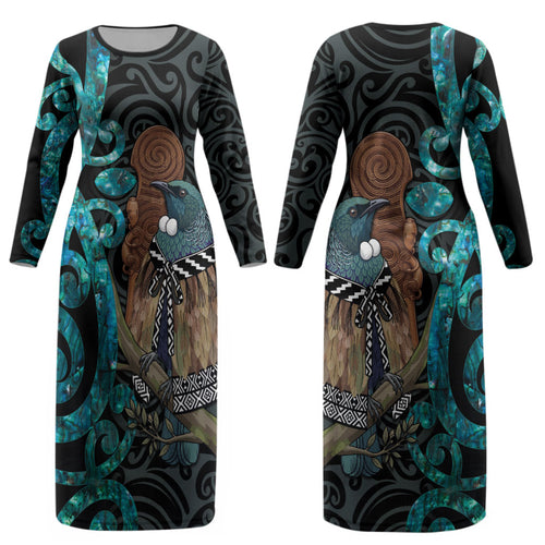 New Zealand Tui Bird Wahaika Couples Matching Long Sleeve Bodycon Dress and Long Sleeve Button Shirt Maori Weapon Paua Shell Koru Pattern