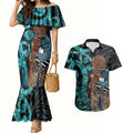 New Zealand Tui Bird Wahaika Couples Matching Mermaid Dress and Hawaiian Shirt Maori Weapon Paua Shell Koru Pattern