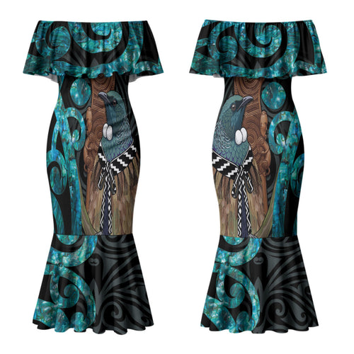 New Zealand Tui Bird Wahaika Couples Matching Mermaid Dress and Hawaiian Shirt Maori Weapon Paua Shell Koru Pattern