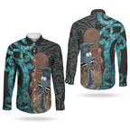 New Zealand Tui Bird Wahaika Couples Matching Mermaid Dress and Long Sleeve Button Shirt Maori Weapon Paua Shell Koru Pattern