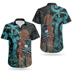 New Zealand Tui Bird Wahaika Couples Matching Off Shoulder Maxi Dress and Hawaiian Shirt Maori Weapon Paua Shell Koru Pattern