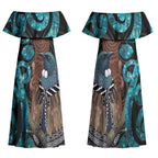 New Zealand Tui Bird Wahaika Couples Matching Off Shoulder Maxi Dress and Hawaiian Shirt Maori Weapon Paua Shell Koru Pattern