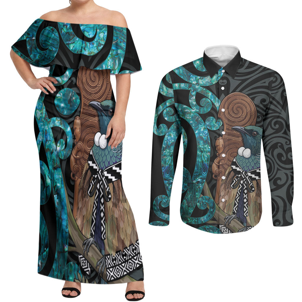 New Zealand Tui Bird Wahaika Couples Matching Off Shoulder Maxi Dress and Long Sleeve Button Shirt Maori Weapon Paua Shell Koru Pattern