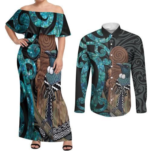 New Zealand Tui Bird Wahaika Couples Matching Off Shoulder Maxi Dress and Long Sleeve Button Shirt Maori Weapon Paua Shell Koru Pattern