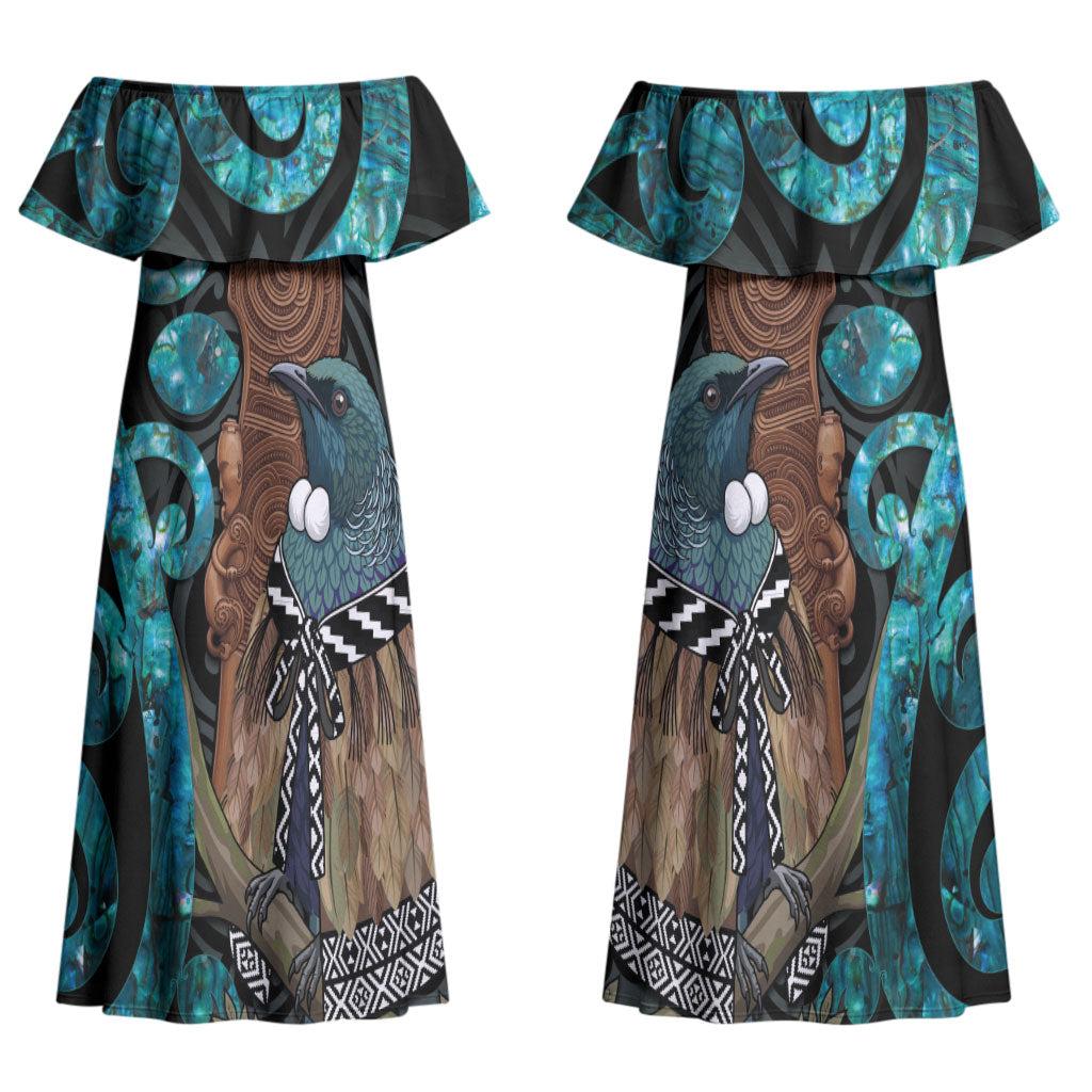 New Zealand Tui Bird Wahaika Couples Matching Off Shoulder Maxi Dress and Long Sleeve Button Shirt Maori Weapon Paua Shell Koru Pattern