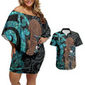 New Zealand Tui Bird Wahaika Couples Matching Off Shoulder Short Dress and Hawaiian Shirt Maori Weapon Paua Shell Koru Pattern