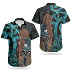New Zealand Tui Bird Wahaika Couples Matching Off Shoulder Short Dress and Hawaiian Shirt Maori Weapon Paua Shell Koru Pattern