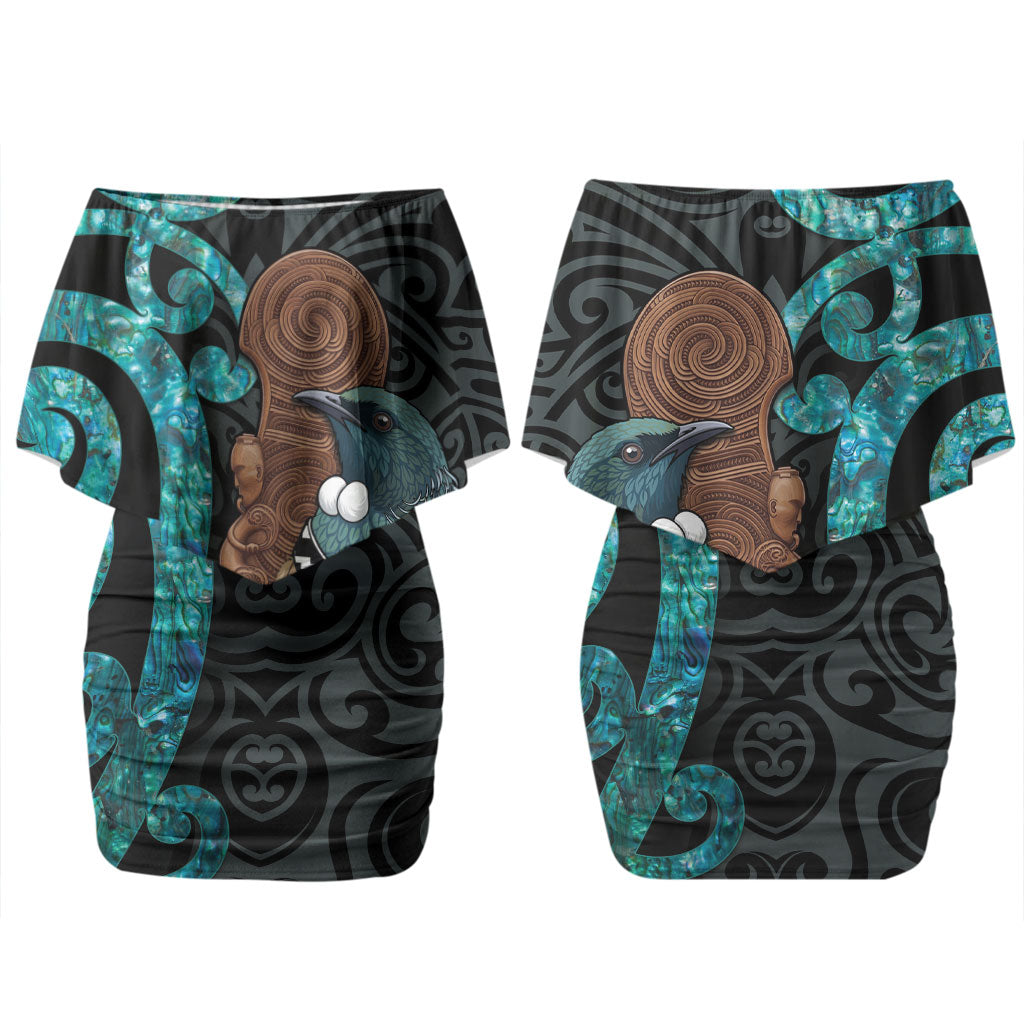 New Zealand Tui Bird Wahaika Couples Matching Off Shoulder Short Dress and Long Sleeve Button Shirt Maori Weapon Paua Shell Koru Pattern
