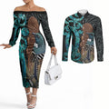 New Zealand Tui Bird Wahaika Couples Matching Off The Shoulder Long Sleeve Dress and Long Sleeve Button Shirt Maori Weapon Paua Shell Koru Pattern