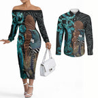 New Zealand Tui Bird Wahaika Couples Matching Off The Shoulder Long Sleeve Dress and Long Sleeve Button Shirt Maori Weapon Paua Shell Koru Pattern