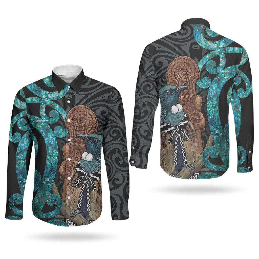 New Zealand Tui Bird Wahaika Couples Matching Off The Shoulder Long Sleeve Dress and Long Sleeve Button Shirt Maori Weapon Paua Shell Koru Pattern