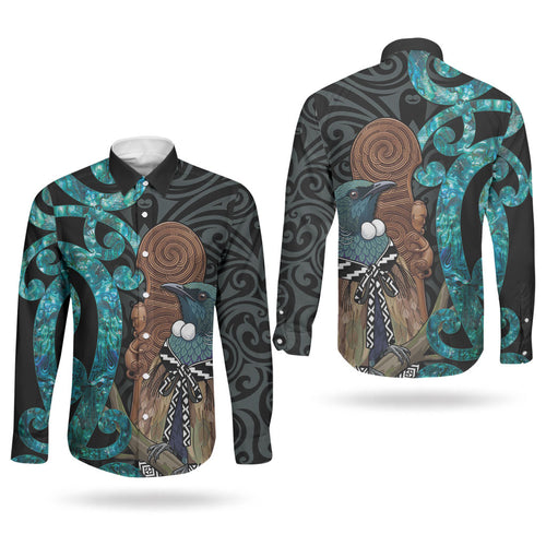 New Zealand Tui Bird Wahaika Couples Matching Off The Shoulder Long Sleeve Dress and Long Sleeve Button Shirt Maori Weapon Paua Shell Koru Pattern
