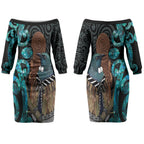 New Zealand Tui Bird Wahaika Couples Matching Off The Shoulder Long Sleeve Dress and Long Sleeve Button Shirt Maori Weapon Paua Shell Koru Pattern