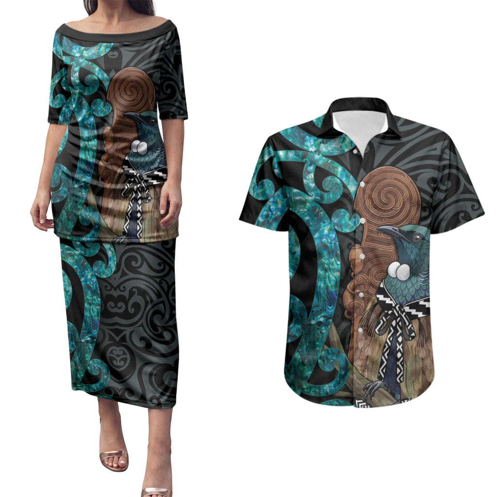 New Zealand Tui Bird Wahaika Couples Matching Puletasi and Hawaiian Shirt Maori Weapon Paua Shell Koru Pattern