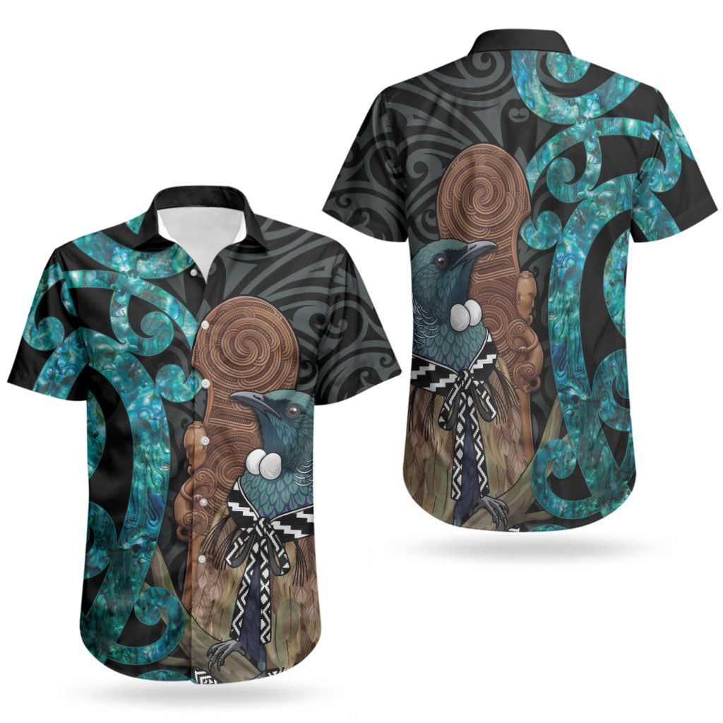 New Zealand Tui Bird Wahaika Couples Matching Puletasi and Hawaiian Shirt Maori Weapon Paua Shell Koru Pattern