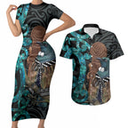 New Zealand Tui Bird Wahaika Couples Matching Short Sleeve Bodycon Dress and Hawaiian Shirt Maori Weapon Paua Shell Koru Pattern