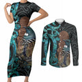 New Zealand Tui Bird Wahaika Couples Matching Short Sleeve Bodycon Dress and Long Sleeve Button Shirt Maori Weapon Paua Shell Koru Pattern