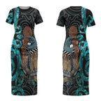 New Zealand Tui Bird Wahaika Couples Matching Short Sleeve Bodycon Dress and Long Sleeve Button Shirt Maori Weapon Paua Shell Koru Pattern