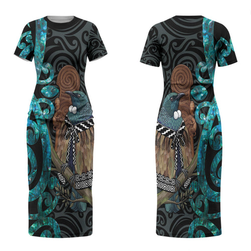 New Zealand Tui Bird Wahaika Couples Matching Short Sleeve Bodycon Dress and Long Sleeve Button Shirt Maori Weapon Paua Shell Koru Pattern
