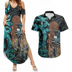 New Zealand Tui Bird Wahaika Couples Matching Summer Maxi Dress and Hawaiian Shirt Maori Weapon Paua Shell Koru Pattern