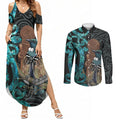 New Zealand Tui Bird Wahaika Couples Matching Summer Maxi Dress and Long Sleeve Button Shirt Maori Weapon Paua Shell Koru Pattern