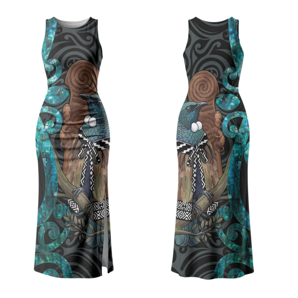 New Zealand Tui Bird Wahaika Couples Matching Tank Maxi Dress and Hawaiian Shirt Maori Weapon Paua Shell Koru Pattern