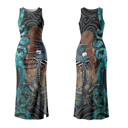 New Zealand Tui Bird Wahaika Couples Matching Tank Maxi Dress and Hawaiian Shirt Maori Weapon Paua Shell Koru Pattern