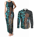New Zealand Tui Bird Wahaika Couples Matching Tank Maxi Dress and Long Sleeve Button Shirt Maori Weapon Paua Shell Koru Pattern