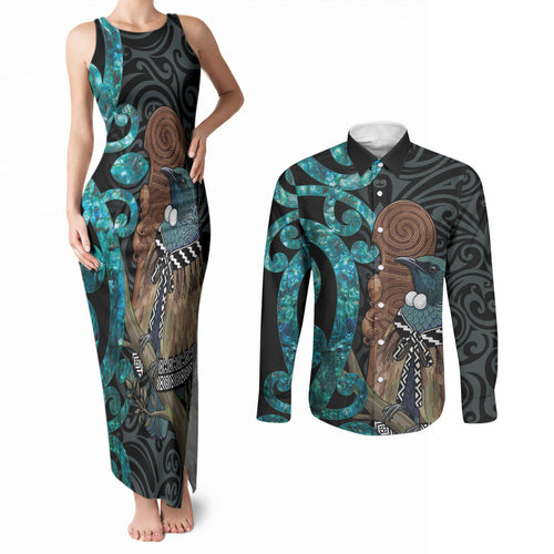 New Zealand Tui Bird Wahaika Couples Matching Tank Maxi Dress and Long Sleeve Button Shirt Maori Weapon Paua Shell Koru Pattern
