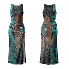 New Zealand Tui Bird Wahaika Couples Matching Tank Maxi Dress and Long Sleeve Button Shirt Maori Weapon Paua Shell Koru Pattern