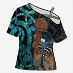 New Zealand Tui Bird Wahaika Cross Shoulder Shirt Maori Weapon Paua Shell Koru Pattern