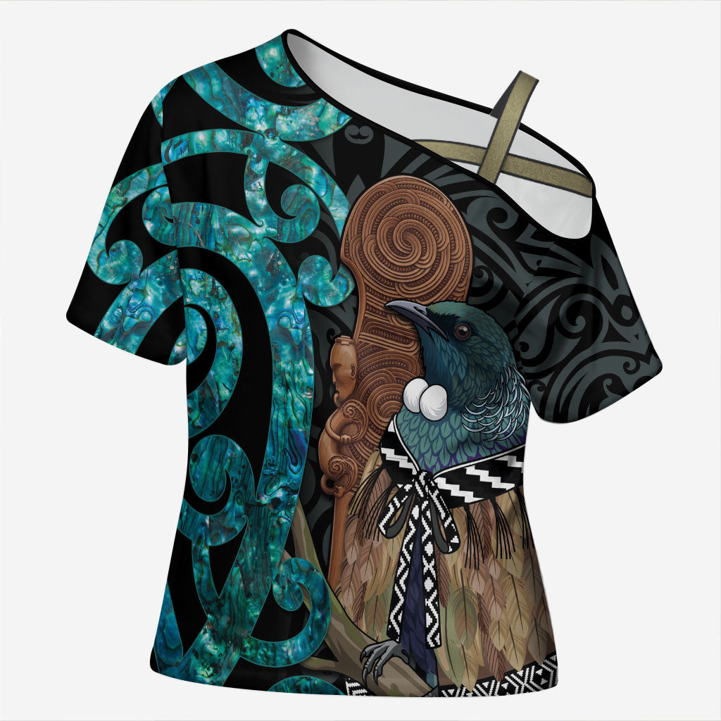 New Zealand Tui Bird Wahaika Cross Shoulder Shirt Maori Weapon Paua Shell Koru Pattern