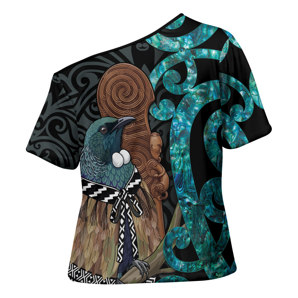 New Zealand Tui Bird Wahaika Cross Shoulder Shirt Maori Weapon Paua Shell Koru Pattern