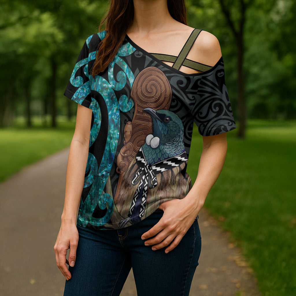 New Zealand Tui Bird Wahaika Cross Shoulder Shirt Maori Weapon Paua Shell Koru Pattern