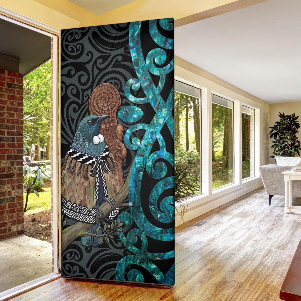 New Zealand Tui Bird Wahaika Door Cover Maori Weapon Paua Shell Koru Pattern
