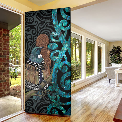 New Zealand Tui Bird Wahaika Door Cover Maori Weapon Paua Shell Koru Pattern