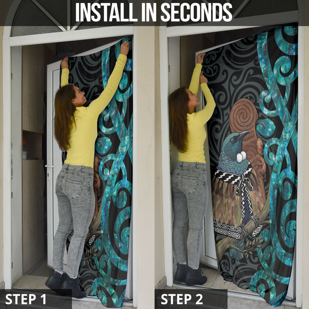 New Zealand Tui Bird Wahaika Door Cover Maori Weapon Paua Shell Koru Pattern