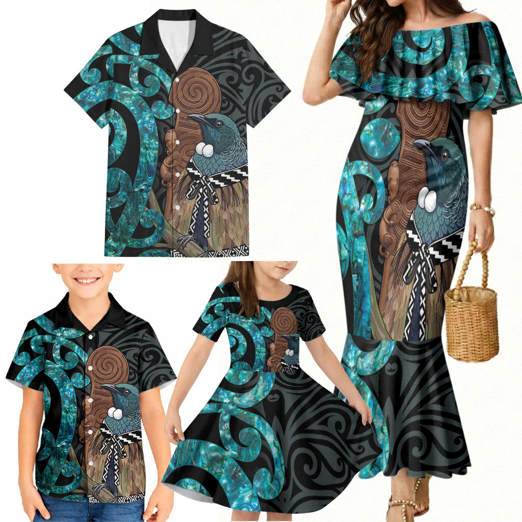 New Zealand Tui Bird Wahaika Family Matching Mermaid Dress and Hawaiian Shirt Maori Weapon Paua Shell Koru Pattern