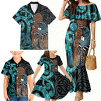New Zealand Tui Bird Wahaika Family Matching Mermaid Dress and Hawaiian Shirt Maori Weapon Paua Shell Koru Pattern