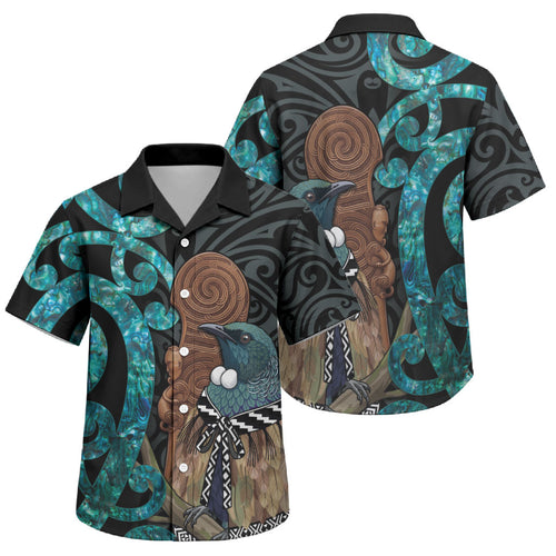 New Zealand Tui Bird Wahaika Family Matching Off Shoulder Maxi Dress and Hawaiian Shirt Maori Weapon Paua Shell Koru Pattern