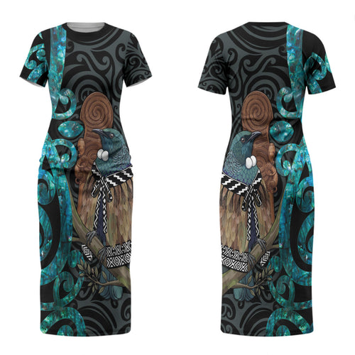 New Zealand Tui Bird Wahaika Family Matching Short Sleeve Bodycon Dress and Hawaiian Shirt Maori Weapon Paua Shell Koru Pattern