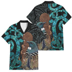 New Zealand Tui Bird Wahaika Family Matching Short Sleeve Bodycon Dress and Hawaiian Shirt Maori Weapon Paua Shell Koru Pattern