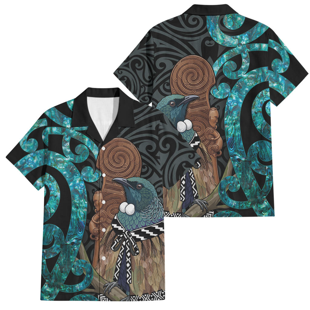 New Zealand Tui Bird Wahaika Family Matching Summer Maxi Dress and Hawaiian Shirt Maori Weapon Paua Shell Koru Pattern