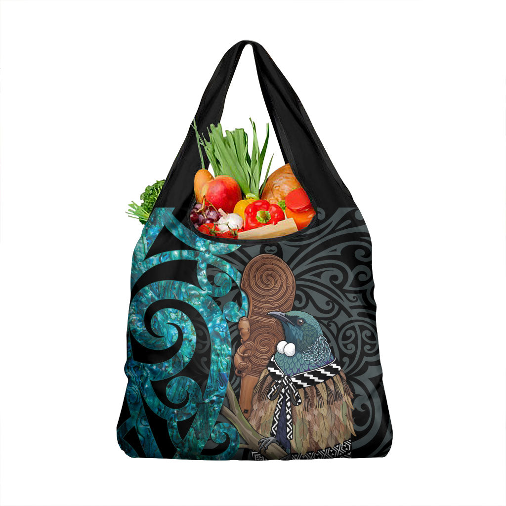 New Zealand Tui Bird Wahaika Grocery Bag Maori Weapon Paua Shell Koru Pattern
