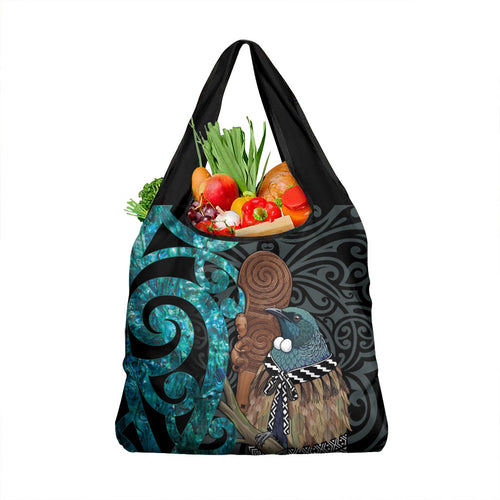 New Zealand Tui Bird Wahaika Grocery Bag Maori Weapon Paua Shell Koru Pattern