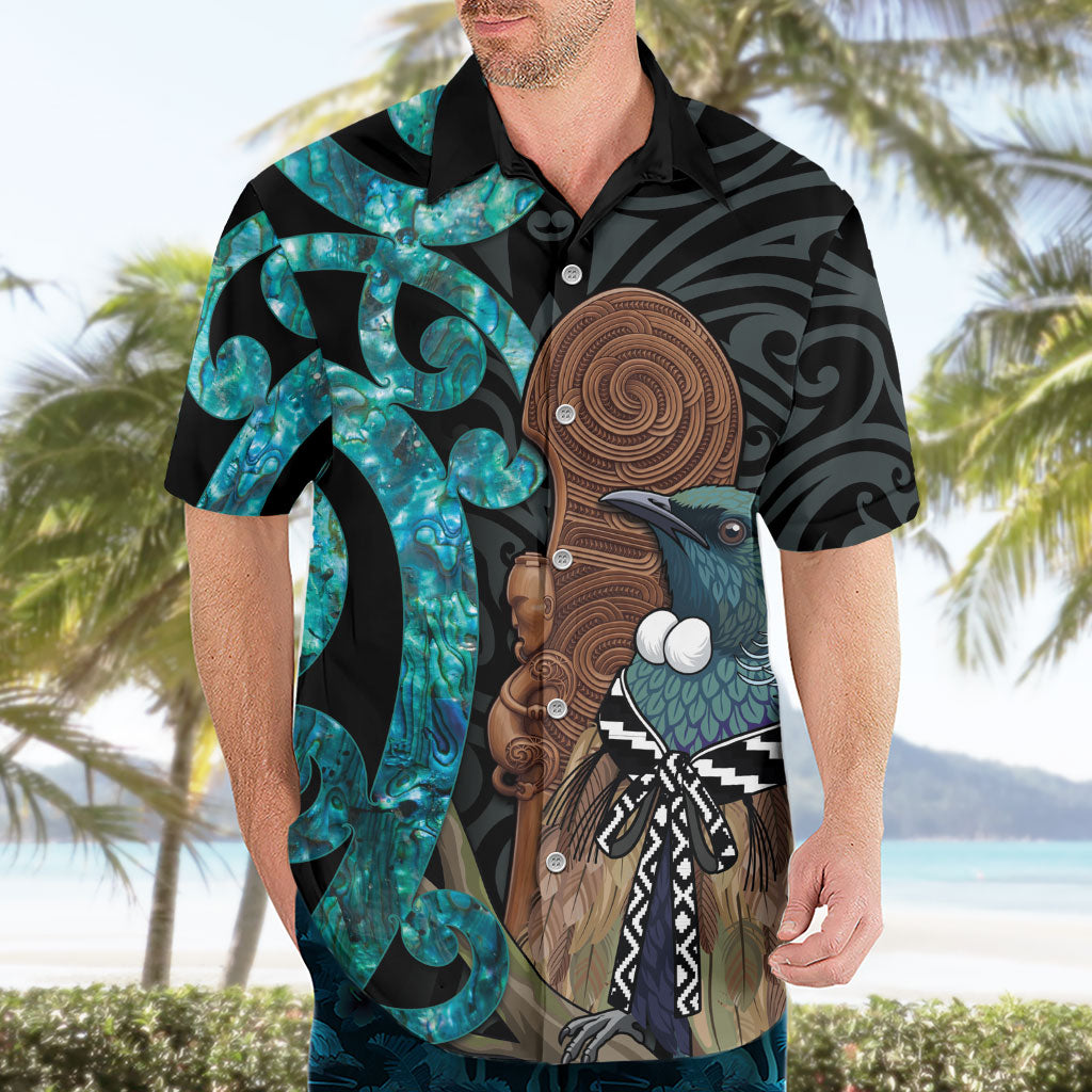 New Zealand Tui Bird Wahaika Hawaiian Shirt Maori Weapon Paua Shell Koru Pattern