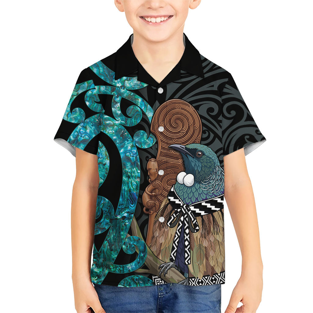 New Zealand Tui Bird Wahaika Hawaiian Shirt Maori Weapon Paua Shell Koru Pattern
