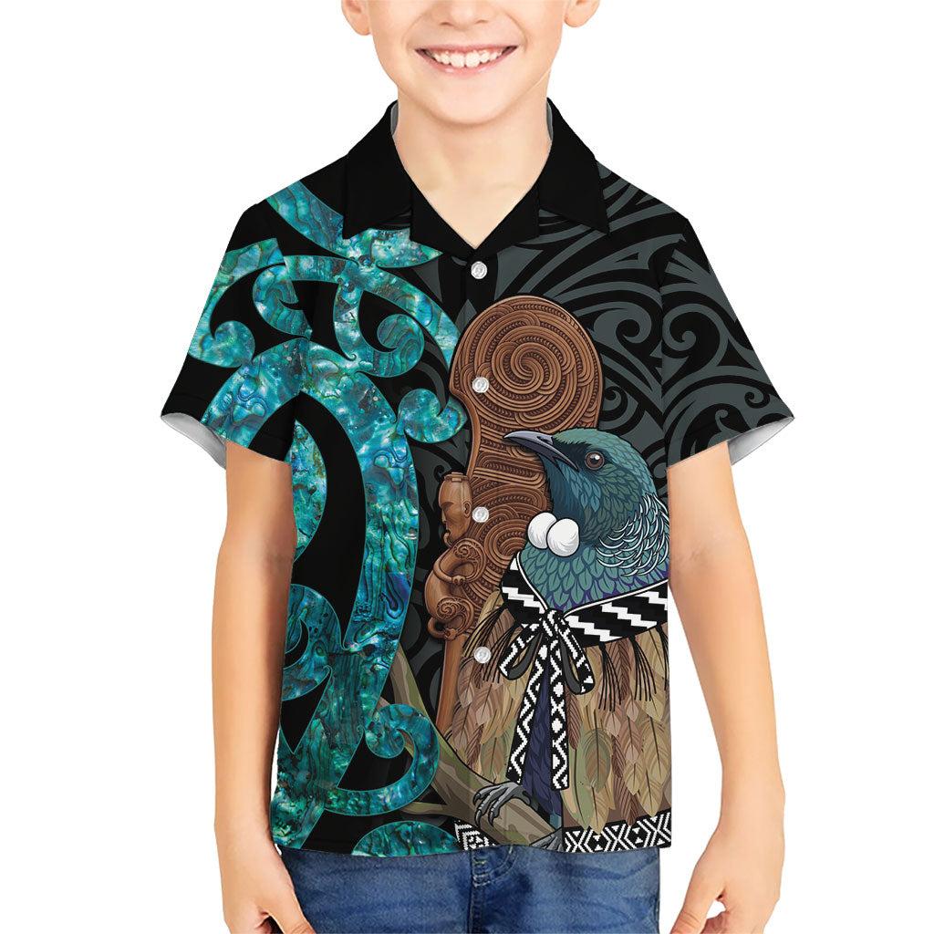 New Zealand Tui Bird Wahaika Kid Hawaiian Shirt Maori Weapon Paua Shell Koru Pattern